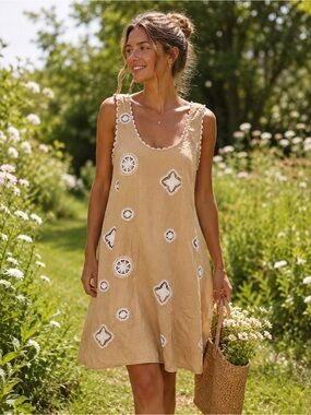 Ciebon Dress Cotton Embroidered Sundress Sleeveless Beige Crochet MSRP $139